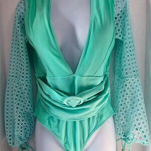 Real Housewives Monstera Netted Sleeve Mint Green Belted One Piece Swimsuit SZ S